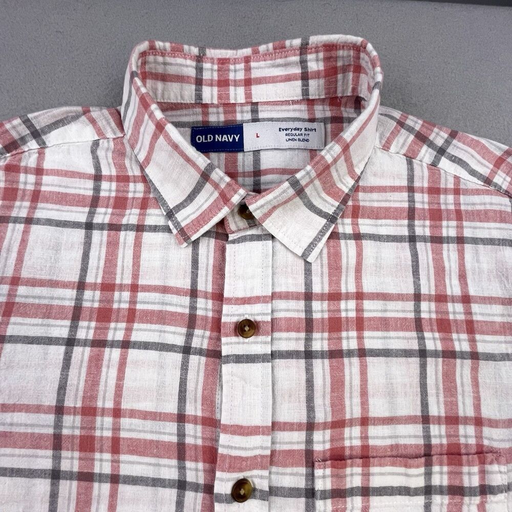 Old Navy Everyday Shirt Men’s Large Linen Blend Long Sleeve Red Gray Plaid